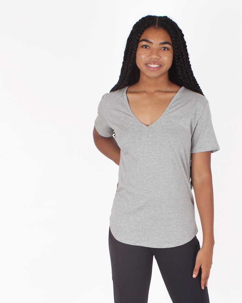 Front of a model wearing a size L Feminine Fit V-Neck Everyday T Shirt in Grey by Undersummers. | dia_product_style_image_id:315956